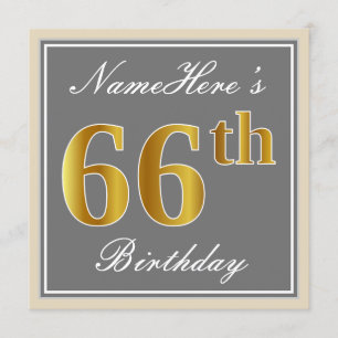 Invitación Elegante, Gris, Faux Gold 66th Birthday + Nombre