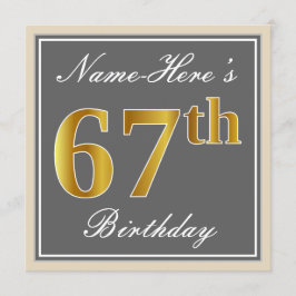 Invitación Elegante, Gris, Faux Gold 67 cumpleaños + nombre