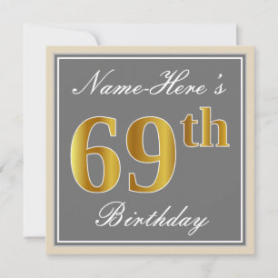 Invitación Elegante, Gris, Faux Gold 69th Birthday + Nombre