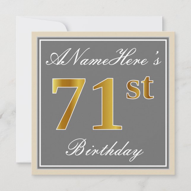 Invitación Elegante, Gris, Faux Gold 71 cumpleaños + nombre (Anverso)
