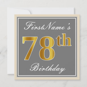 Invitación Elegante, Gris, Faux Gold 78th Birthday + Nombre