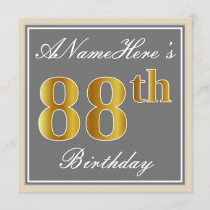 Invitación Elegante, Gris, Faux Gold 88th Birthday + Nombre