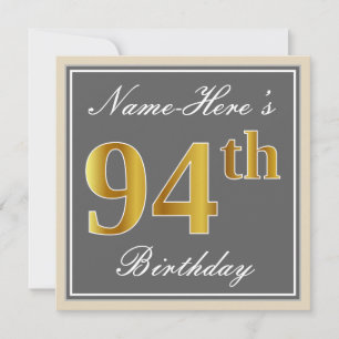 Invitación Elegante, Gris, Faux Gold 94th Birthday + Nombre