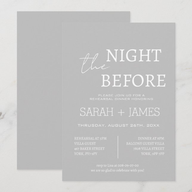 Invitación Elegante gris la noche antes de la cena Boda (Anverso / Reverso)