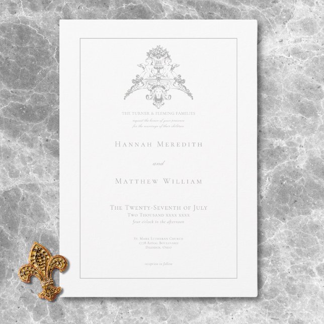 Invitación Elegante Gris Plateado Bodas de Querubín Chinesco (Elegant Silver Gray Chinoiserie Cherub Wedding Invitation)