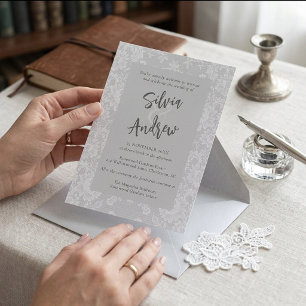 Invitación Elegante Gris Plateado Vintage Encaje Floral Boda