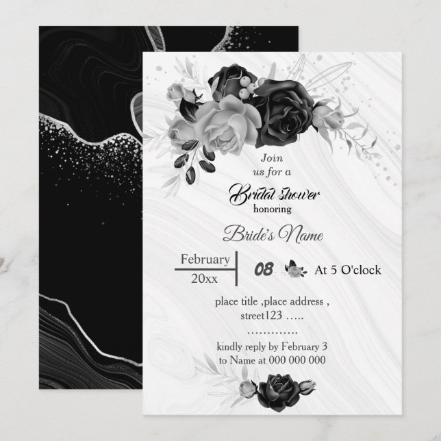 Invitación elegante gris plateado y flores negras ducha de no (Anverso / Reverso)