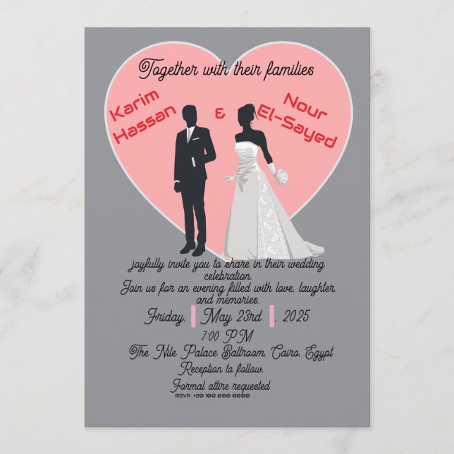 Invitación elegante gris rosa corazón Novia Novio (Anverso)