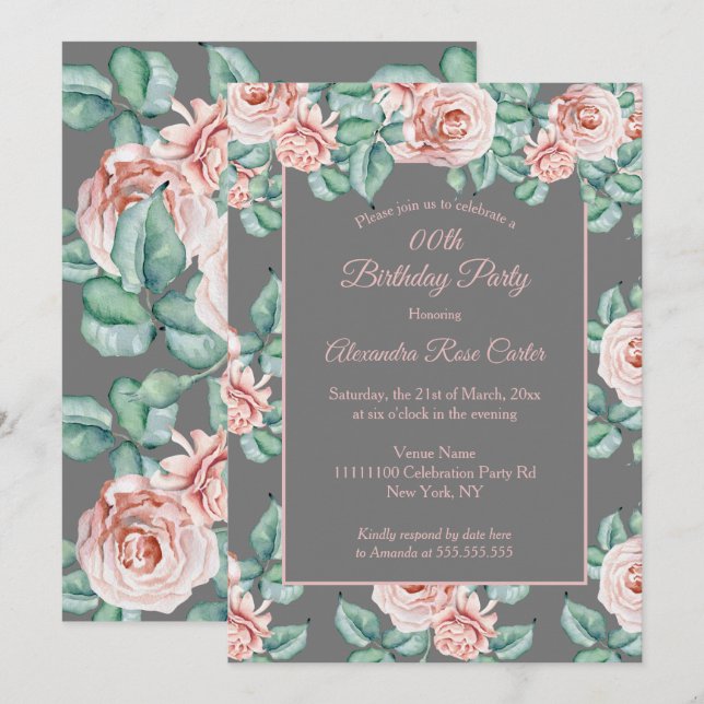 Invitación Elegante gris rosa rosa rosa floral Fiesta de cump (Anverso / Reverso)