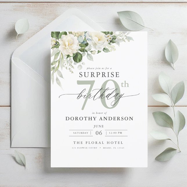 Invitación Elegante Gris Verde Floral Sorpresa Cumpleaños (Subido por el creador)