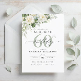 Invitación Elegante Gris Verde Floral Sorpresa Cumpleaños