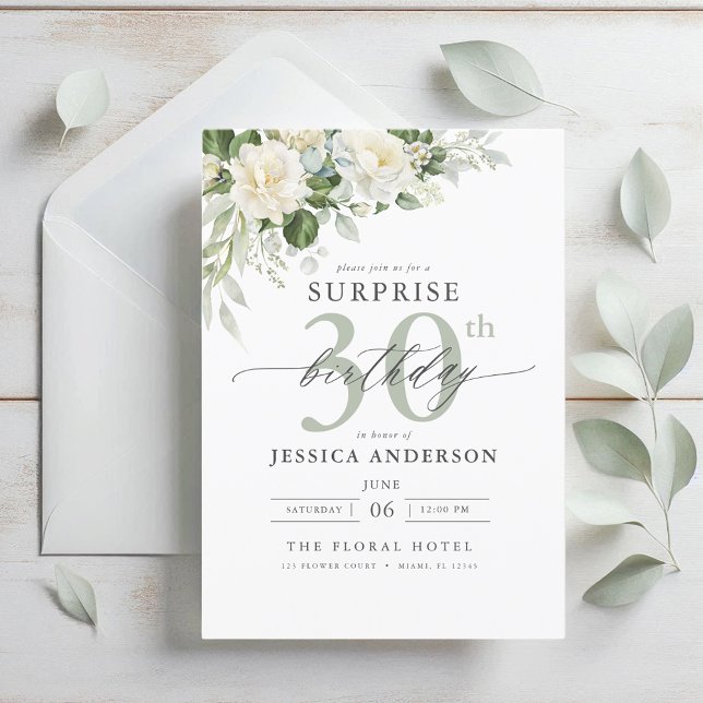 Invitación Elegante Gris Verde Floral Sorpresa Cumpleaños (Subido por el creador)