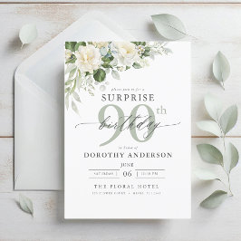 Invitación Elegante Gris Verde Floral Sorpresa Cumpleaños