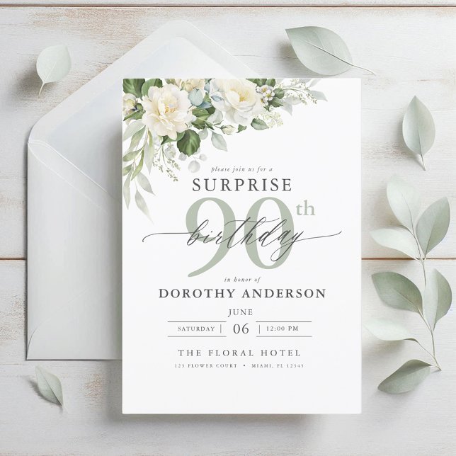 Invitación Elegante Gris Verde Floral Sorpresa Cumpleaños (Subido por el creador)