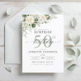 Invitación Elegante Gris Verde Floral Sorpresa Cumpleaños