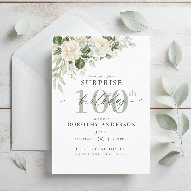 Invitación Elegante Gris Verde Floral Sorpresa Cumpleaños (Subido por el creador)