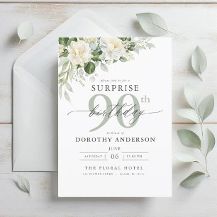Invitación Elegante Gris Verde Floral Sorpresa Cumpleaños