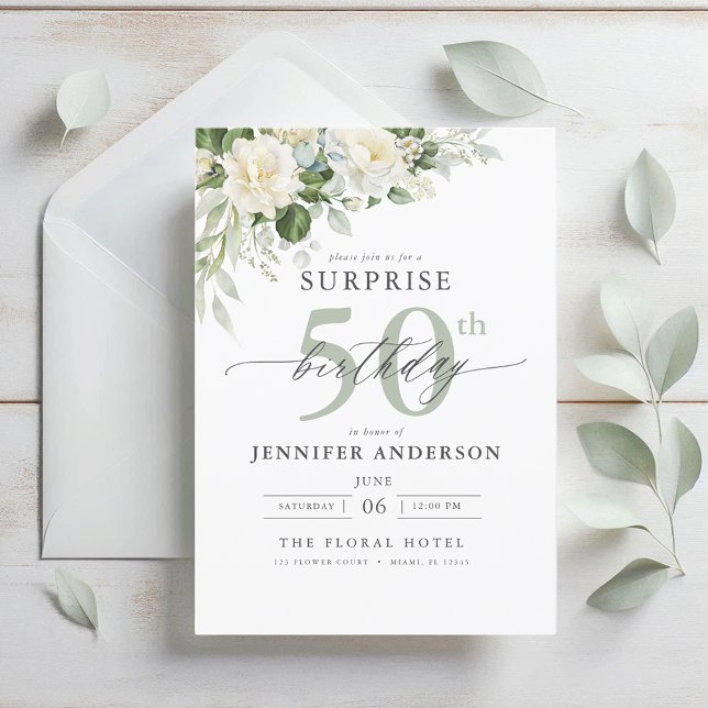 Invitación Elegante Gris Verde Floral Sorpresa Cumpleaños (Subido por el creador)