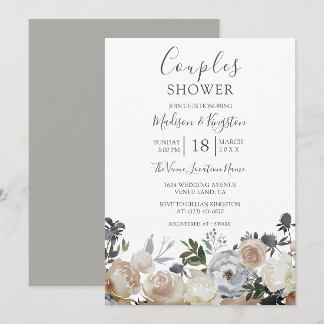Invitación Elegante Gris y Peach Couples Invitan A La Ducha (Anverso / Reverso)