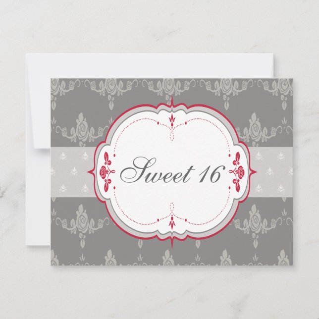 Invitación Elegante gris y rosas rojas dulce 16 (Anverso)