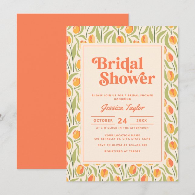 Invitación Elegante Groovy Retro 70 Floral Bridal Shower (Anverso / Reverso)