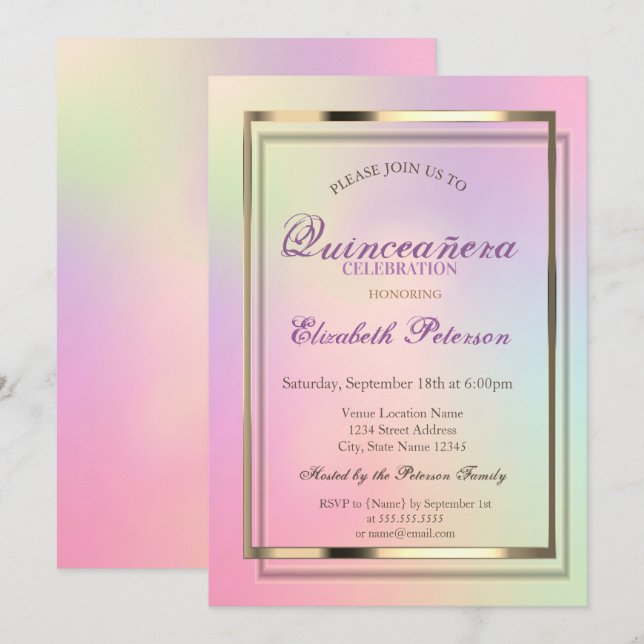Invitación Elegante Guay Holographic Quinceañera (Anverso / Reverso)