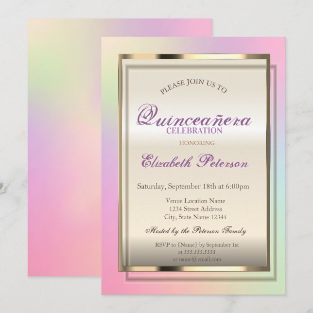 Invitación Elegante Guay Holographic Quinceañera (Anverso / Reverso)