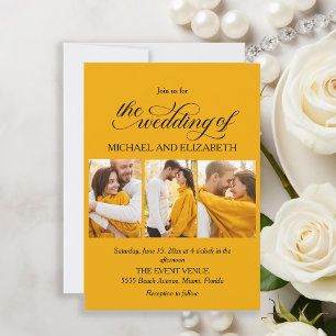 Invitación Elegante guión 3 foto Boda amarillo
