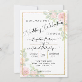 Invitación Elegante guion acuarela dorada floral rosa boda