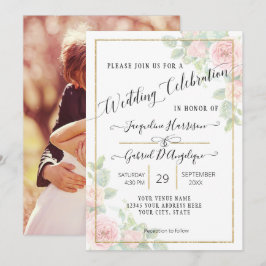 Invitación Elegante guión acuarela dorada floral rosa boda