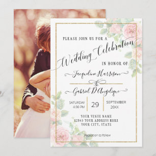 Invitación Elegante guión acuarela dorada floral rosa boda