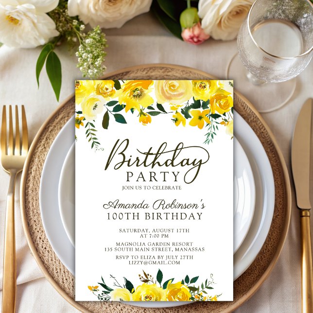 Invitación Elegante guión amarillo rosa floral 100 cumpleaños (Subido por el creador)