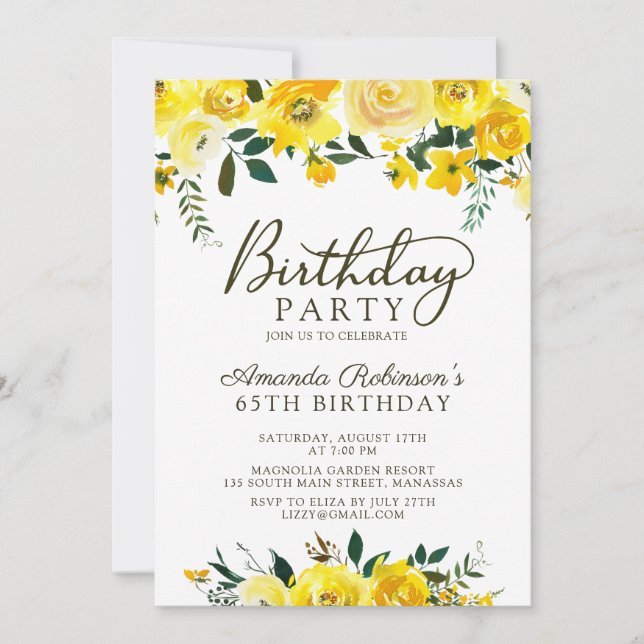 Invitación Elegante guión amarillo rosa floral 65º cumpleaños (Anverso)