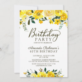 Invitación Elegante guión amarillo rosa floral 65º cumpleaños