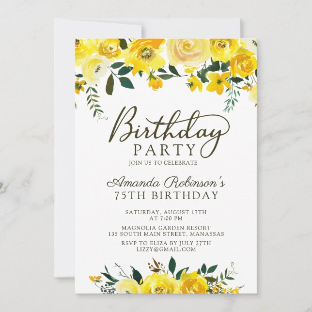 Invitación Elegante guión amarillo rosa floral 75 cumpleaños (Anverso)