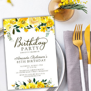 Invitación Elegante guión amarillo rosa floral 85º cumpleaños