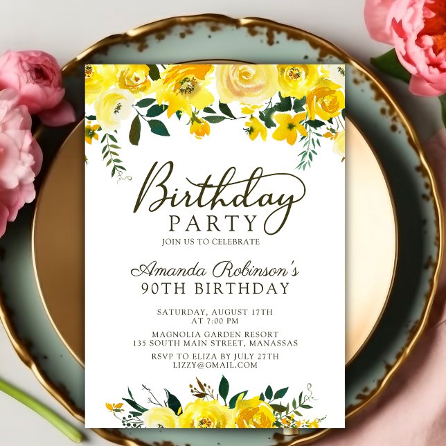 Invitación Elegante guión amarillo rosa floral 90 cumpleaños (Subido por el creador)