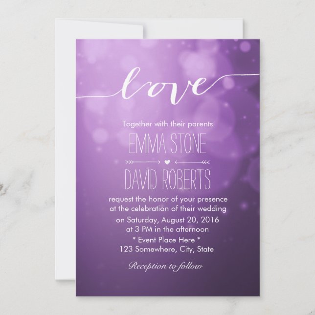 Invitación Elegante guión amor Purple Lights Boda moderno (Anverso)