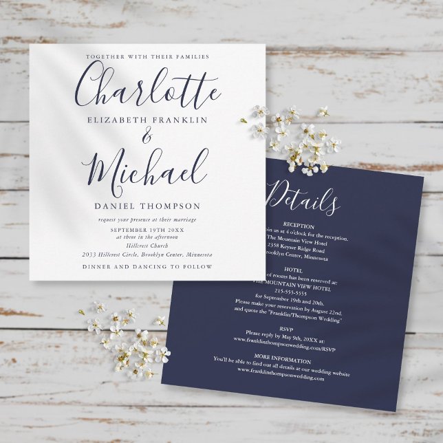 Invitación Elegante Guión Azul De La Marina Todo En Un Boda (Subido por el creador)