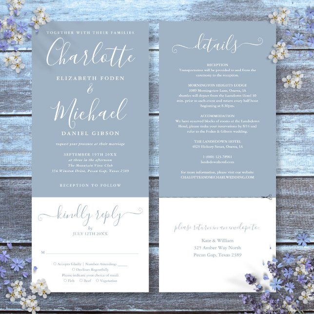 Invitación Elegante Guión Azul Dusto Todo En Un Boda (Dusty Blue Elegant Script All In One Wedding Invitation)