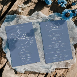 Invitación Elegante guión azul francés todo en un Boda