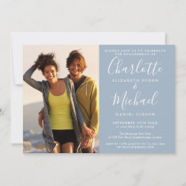 Invitación Elegante guión azul polvoriento foto compromiso fi