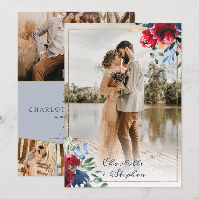 Invitación Elegante guión azul rojo floral 5 boda de fotos (Anverso / Reverso)