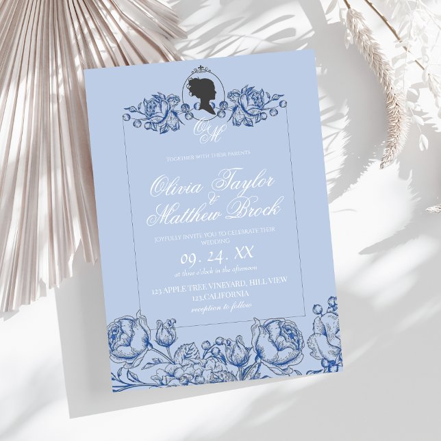 Invitación Elegante guión azul turbio Boda Bridgerton (Subido por el creador)