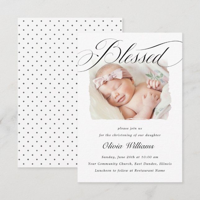 Invitación Elegante guión Bendecido bautizo bautismo Foto I (Anverso / Reverso)