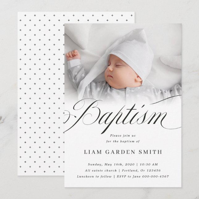 Invitación Elegante guión bendecido bautizo foto de bautismo (Anverso / Reverso)