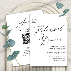 Invitación Elegante guión blanco ensayo cena código QR