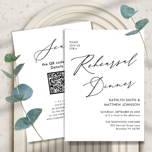 Invitación Elegante guión blanco ensayo cena código QR (Subido por el creador)
