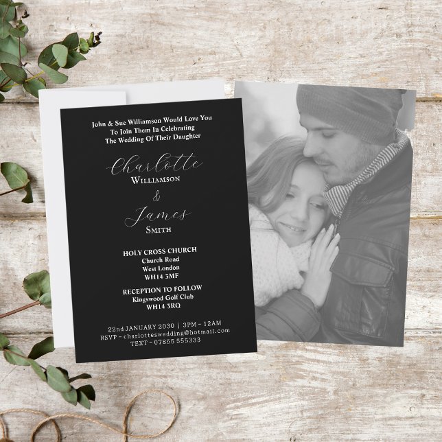 Invitación Elegante guión blanco | Happy Couple Photo Black (Front And Back)