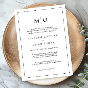 Invitación Elegante guión blanco negro Monograma minimalista 